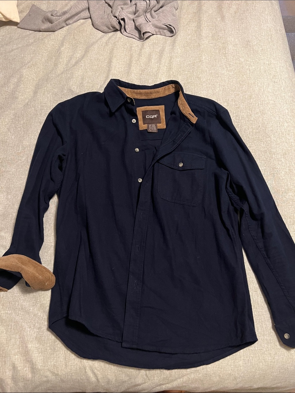 Men's Navy Button-Down Shirt with Tan Contrast Trim
